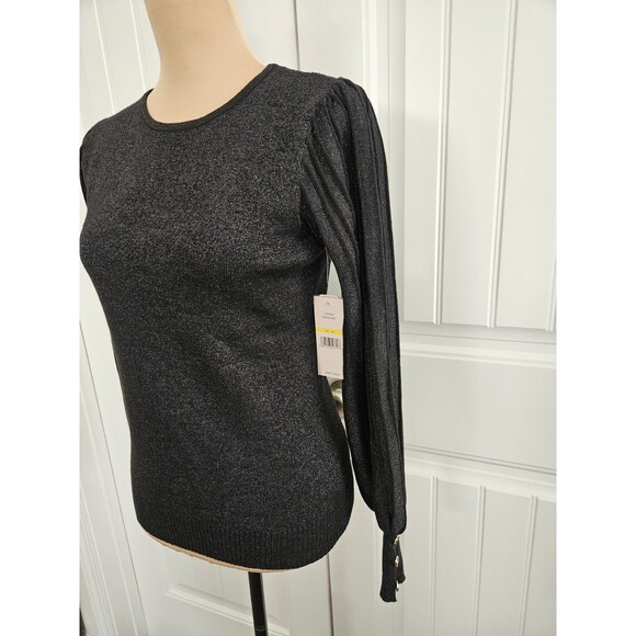 Nanette Lepore Black Lurex Ribbed Balloon Sleeve Sweater Silver Buttons sz M - Picture 3 of 9